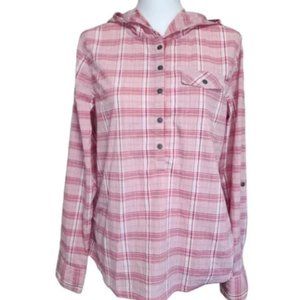 Prana Anja Button Up Hooded Popover Long Sleeve Pink Plaid Size M